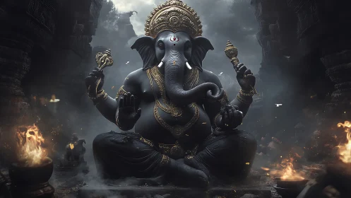 Majestic Ganesha idol sits amid firelit ancient ruins.
