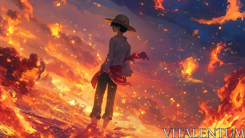 Straw-hatted wanderer walking through a burning sunset sea.
