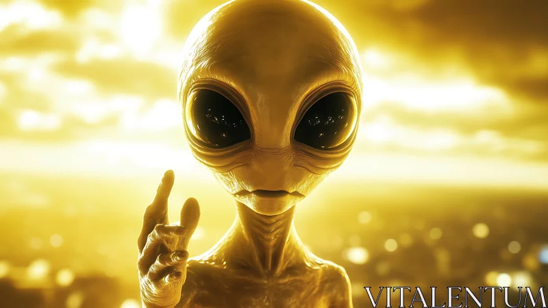 Golden alien reaches out in a warm, otherworldly glow