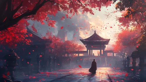 Solitary figure in autumn courtyard before distant pavilion.