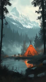 Digital painting of alpine camp beside reflective forest lake.