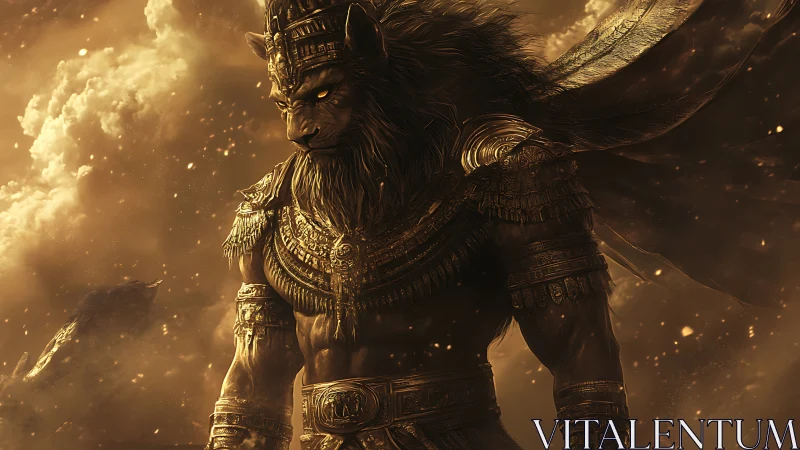 Mythic leonine pharaoh avatar in gilded stormlit desert haze