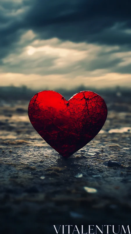 Red Heart Form on Ground Against Clouded Sky.