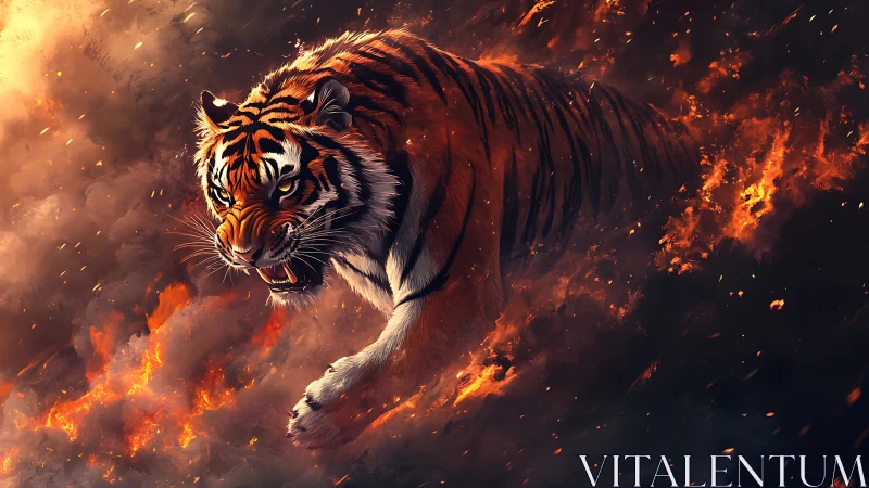 Tiger charging through blazing inferno with dramatic sparks.
