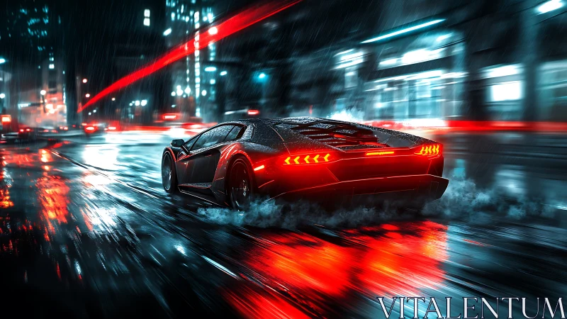 Neon supercar drifting through rain-soaked cyber city streets.