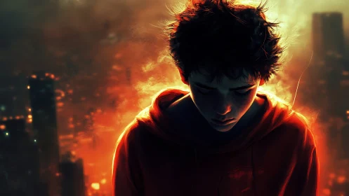 Solitary youth in orange hoodie against diffuse urban glow.