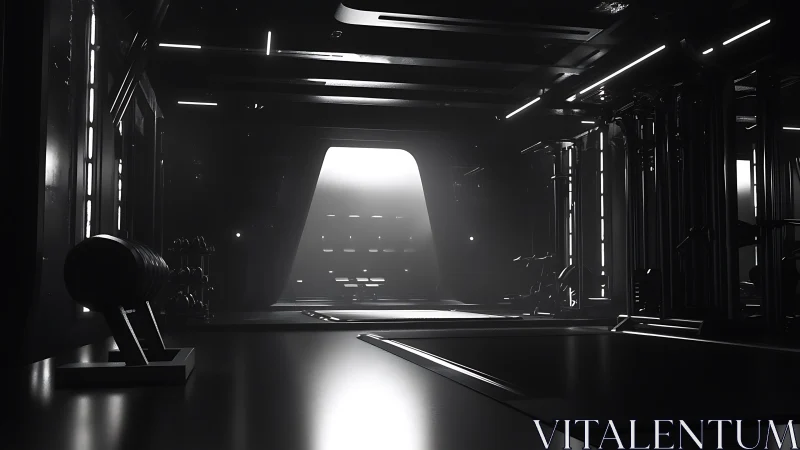 Moody sci fi corridor glows softly with distant doorway light