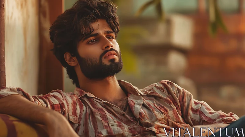 Cinematic portrait of pensive man in warm golden-hour light