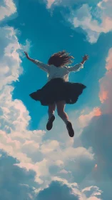 Girl in midair framed against bright blue clouded sky