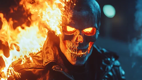 Incandescent flaming skull rider in thermo-luminous leather armor.