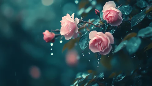 Pink roses with water droplets on teal background.