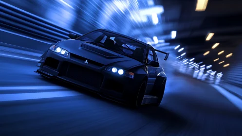 Mitsubishi sports car accelerates through blue lit tunnel