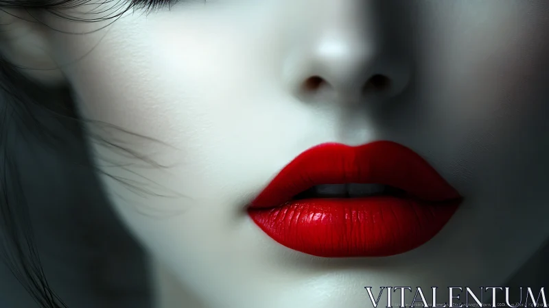 Hyper-detailed close-up of glossy red lips on pale skin surface