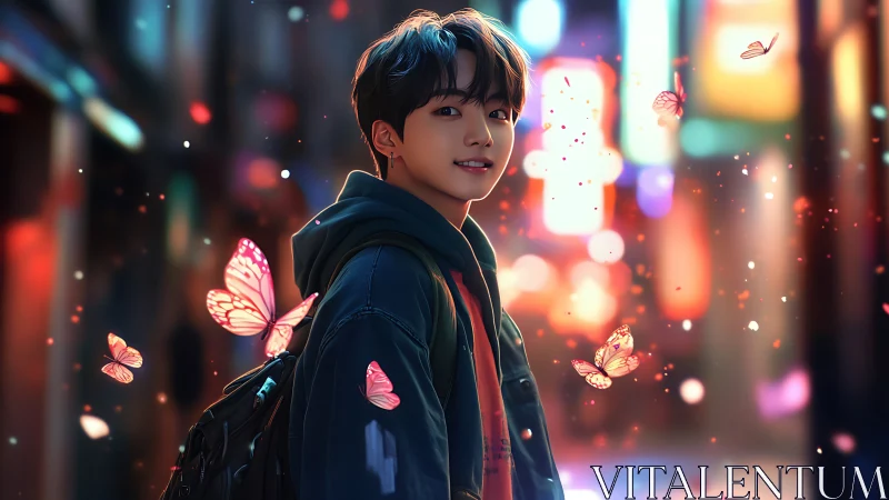 Neon alley stroll with glowing butterflies and gentle smiles.