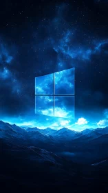 Glowing window emblem above deep blue cosmic mountainscape.
