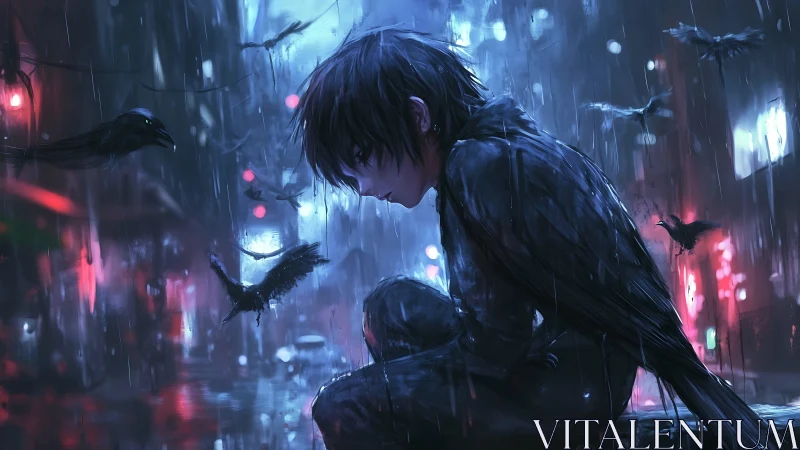 Rain-soaked crow prince brooding in neon sorrowed alley.