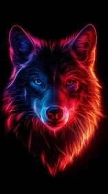 Neon-lit wolf portrait in dual blue and red glow.