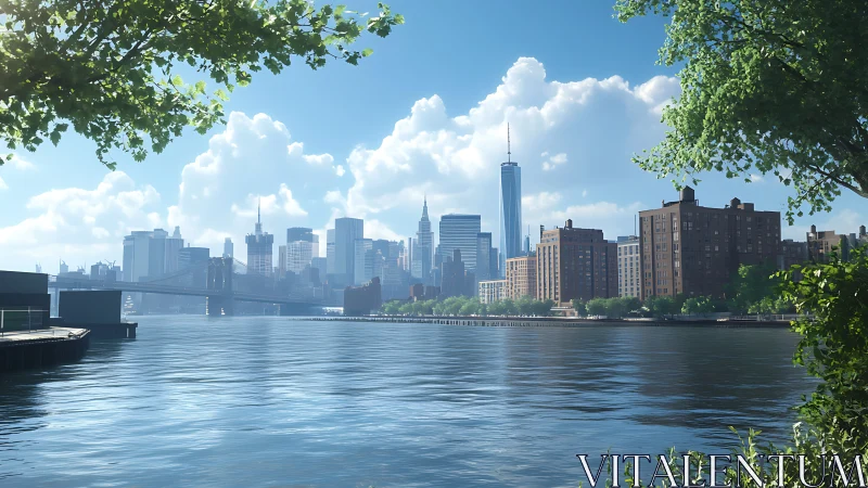 New York waterfront skyline under crisp blue summer light.