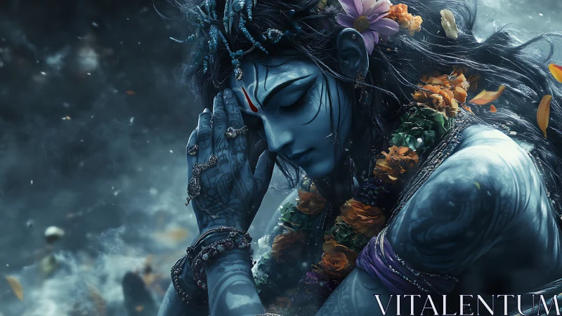 Blue-skinned figure in prayerful pose with garlands and tattoos