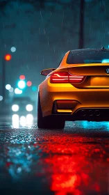 Sport coupe rear profile in neon-lit urban rain scene.