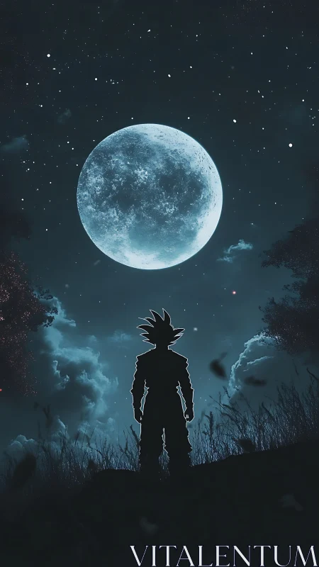 Silhouetted warrior under cyan full moonlit night sky.