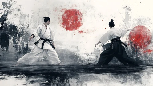 Martial artists in dynamic stances over abstract ink field.