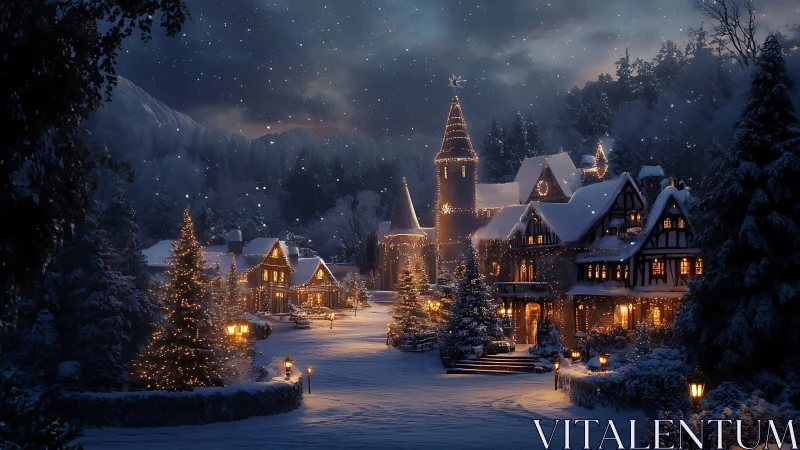 Snowlit Christmas hamlet wrapped in golden hearthlight dreams.