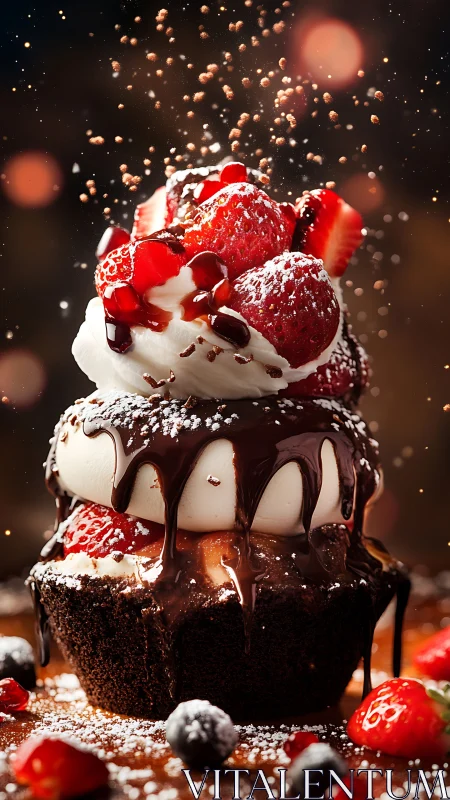 Decadent chocolate cupcake crowned with strawberries and cream.