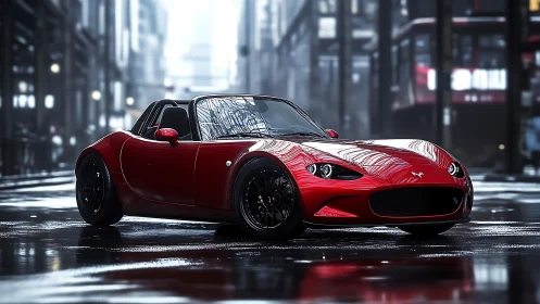 Red sports convertible stands on wet city street after rain