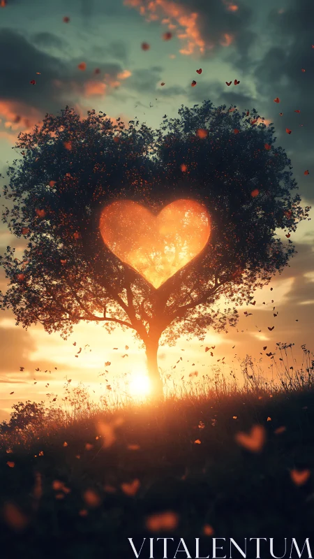 Heart-shaped tree trunk silhouette against sunset sky.