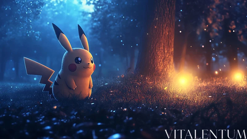 Bioluminescent forest scene with Pikachu under volumetric glow.