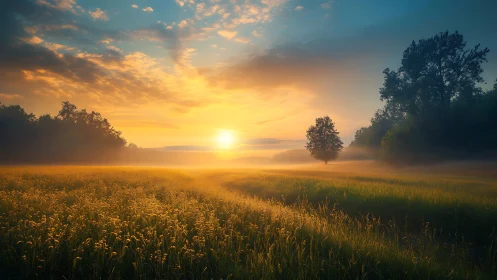 Soft sunrise mist drifting over a quiet country meadow.