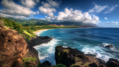 Tropical Coastline Meets Majestic Mountains Under Dramatic Sky