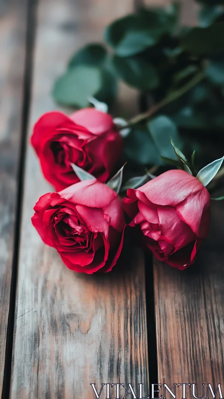 Crimson Roses on Weathered Wood Surface.