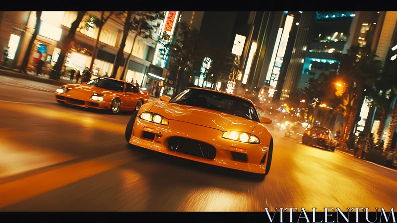 Orange sports cars racing through neon city streets at night.