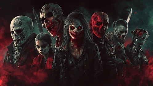 Grotesque undead group stands in red and green fog