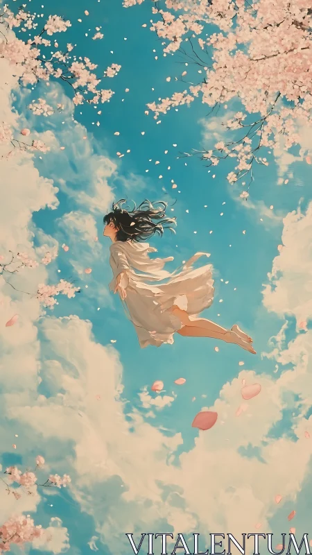 Girl drifts through cherry blossoms under bright spring sky