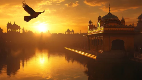 Golden temple silhouette with soaring bird at sunrise.