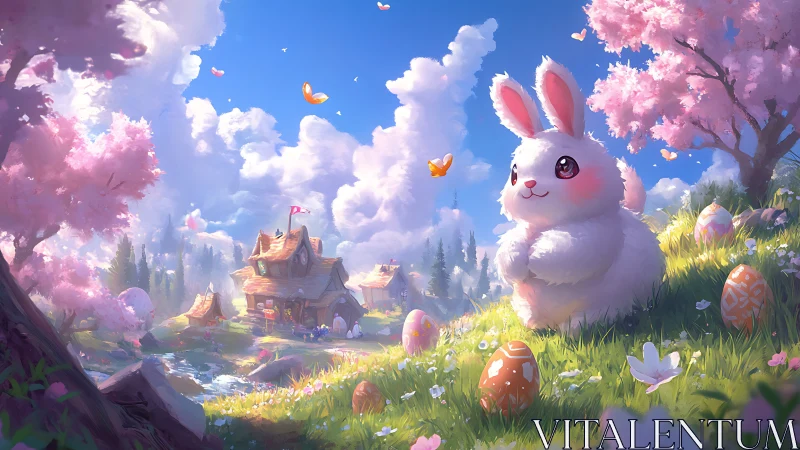 Large white rabbit in pastel landscape with eggs and cottage.