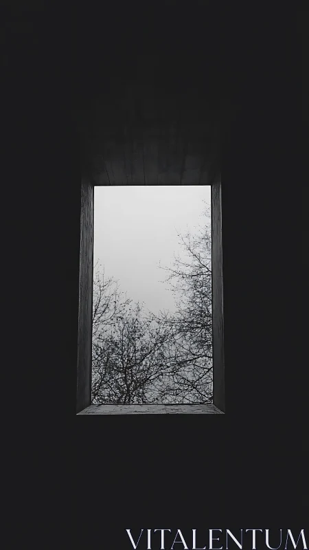 Rectangular opening framing bare winter tree branches.