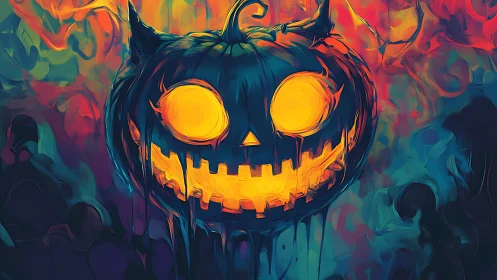 Chromatic jack-o-lantern specter with molten neon core.