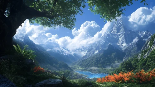 Vast alpine valley with snowy peak and bright lake view.