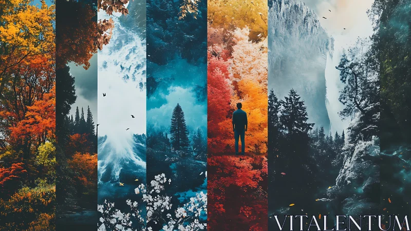 Segmented landscape panels with seasonal forest variations.