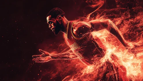 Digital painting of blazing basketball sprint in flame motion.