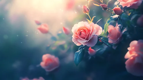 Luminescent roses bloom in soft focus garden glow.