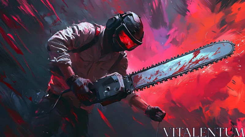 Armored chainsaw wielder cuts through abstract neon chaos
