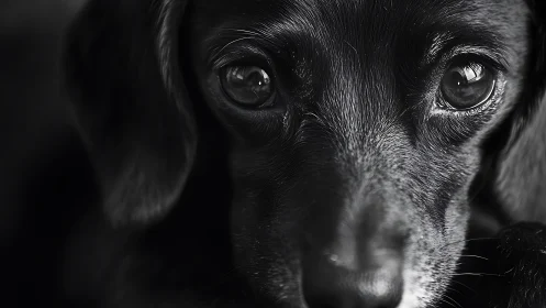 Intimate monochrome closeup of soulful dog eyes portrait.