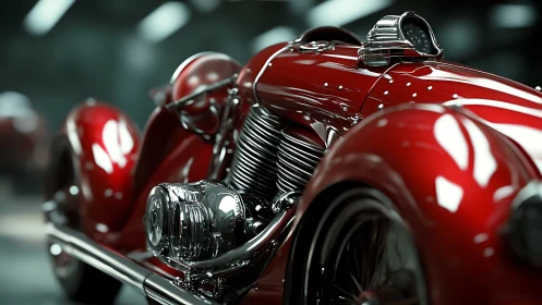Chromed V-twin engine on streamlined red retro motorcycle body