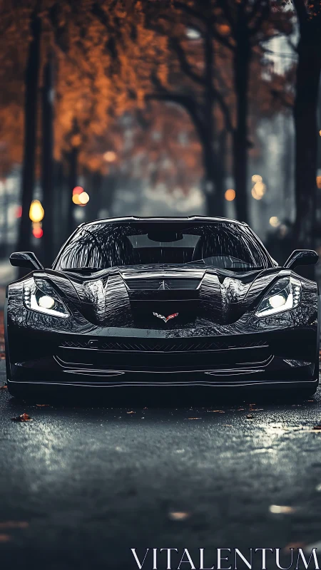 Black sports coupe on wet tree-lined street at dusk.
