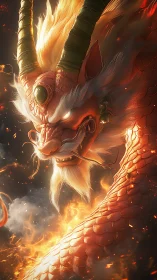 Fiery horned dragon coiled in flames with glowing jewel.